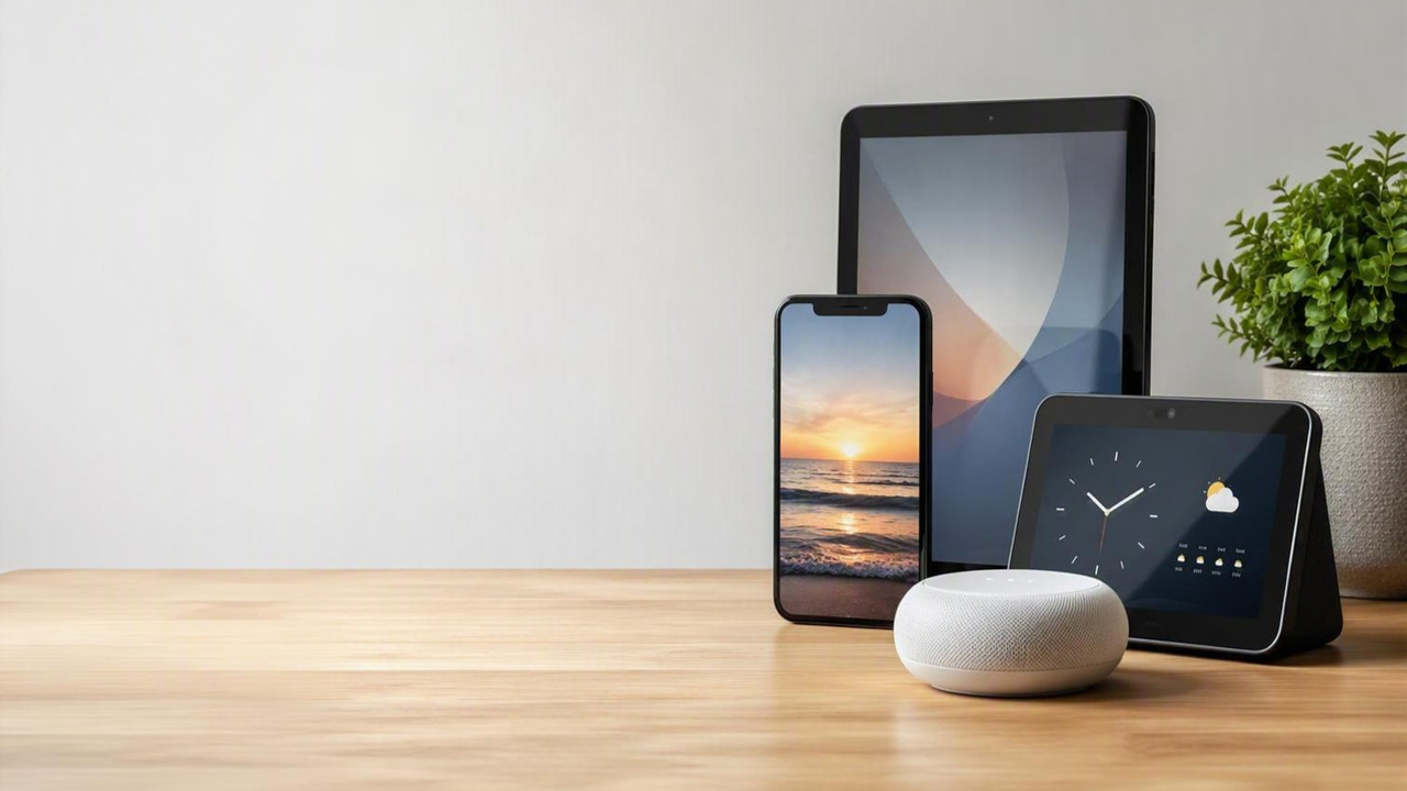 Phones and tablets running AppCarousel on a wooden desk with a plant and smart speaker